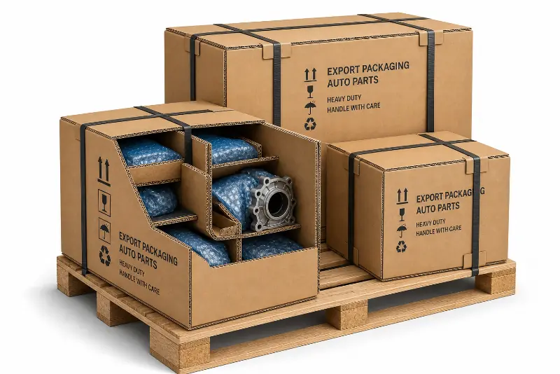 Palletized automotive packaging system with reinforced cartons and protective inserts.