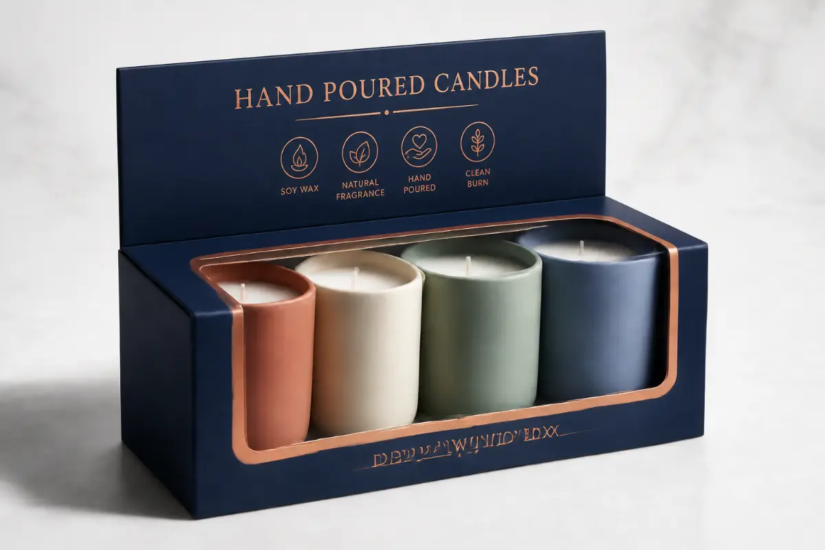 Navy retail candle display box holding four hand-poured candles in assorted colors.