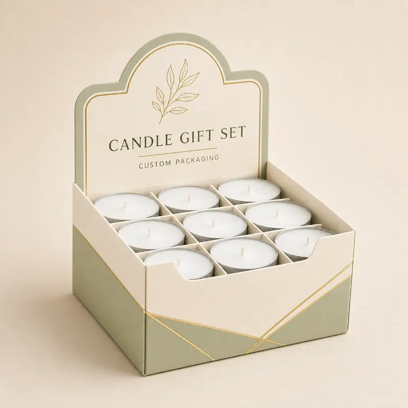 Custom candle packaging box with an open display header and rows of white tealights.