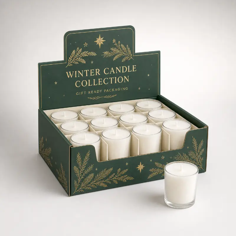 Green winter candle display box stocked with white tealights for seasonal retail.