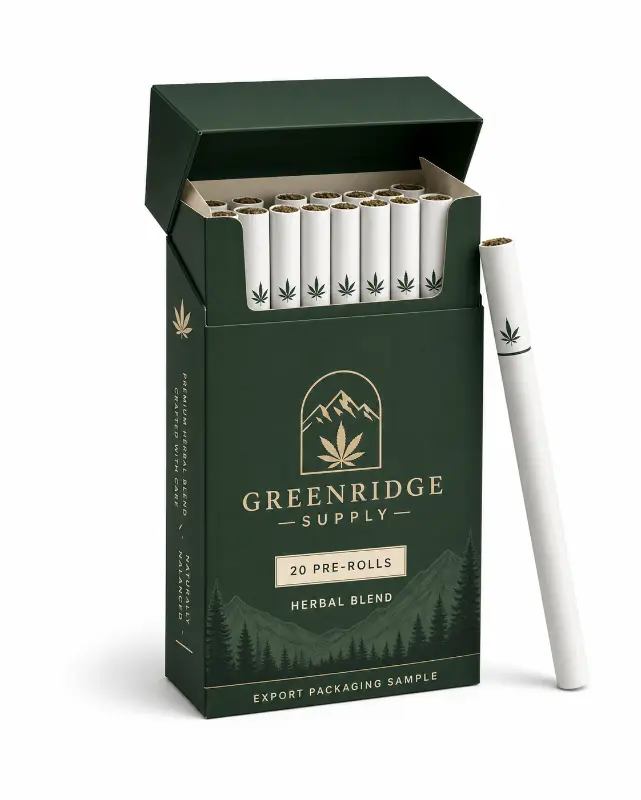 Dark green cannabis packaging carton with individual pre-roll tubes and botanical branding.