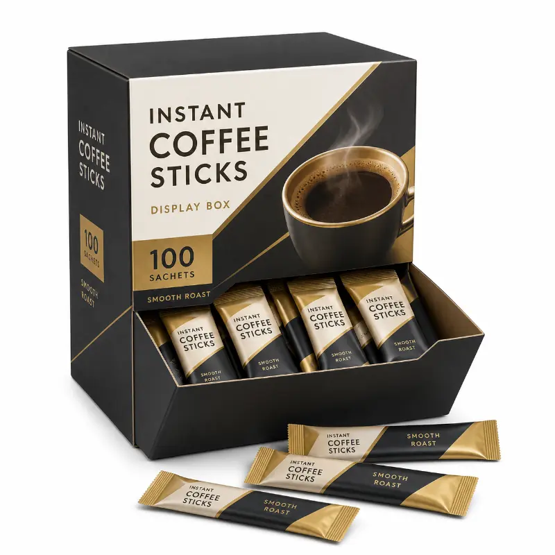 Countertop coffee packaging display stocked with individually wrapped instant coffee sticks.