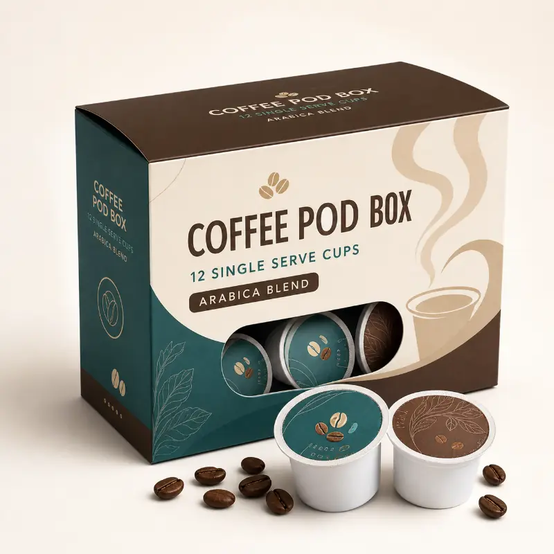 Printed coffee pod box with a window-style graphic for a 12-capsule variety pack.