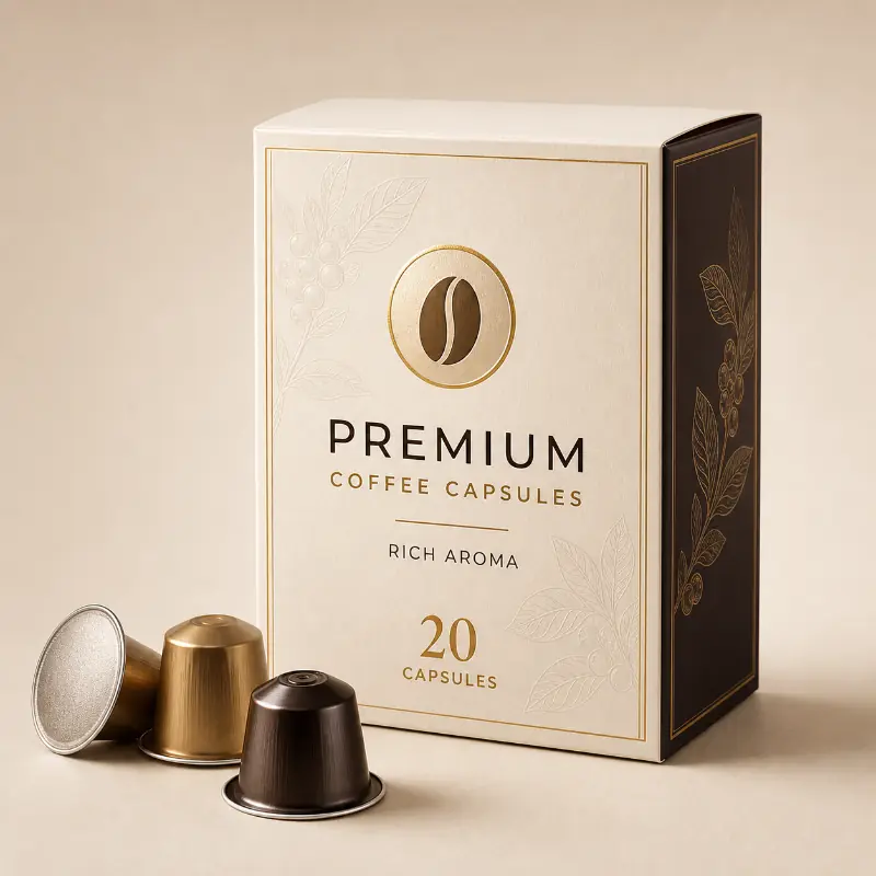 Premium coffee capsule packaging box with gold branding and espresso pods on display.