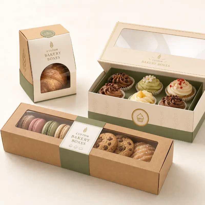 Premium custom bakery packaging arranged with cake, cookies, cupcakes, and pastries.