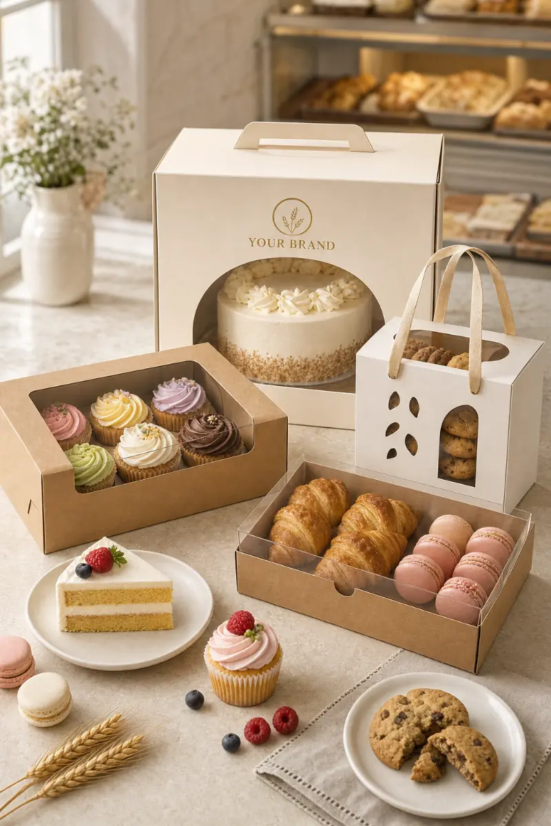 Premium custom bakery packaging arranged with cake, cookies, cupcakes, and pastries.