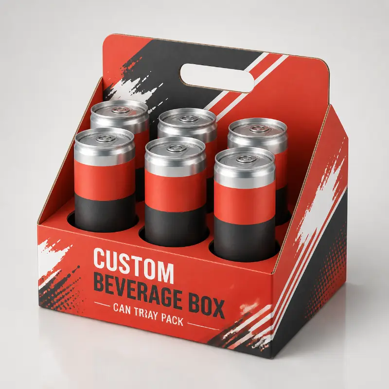 Red custom beverage display box securely holding six aluminum cans for retail.