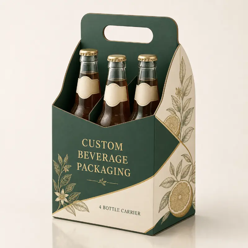 Green custom beverage carrier with handle and dividers for four glass bottles.