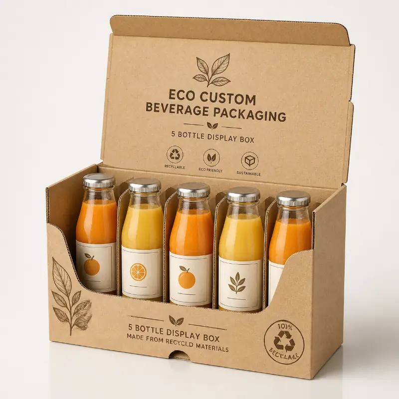 Eco kraft beverage packaging display with five juice bottles and sustainability graphics.