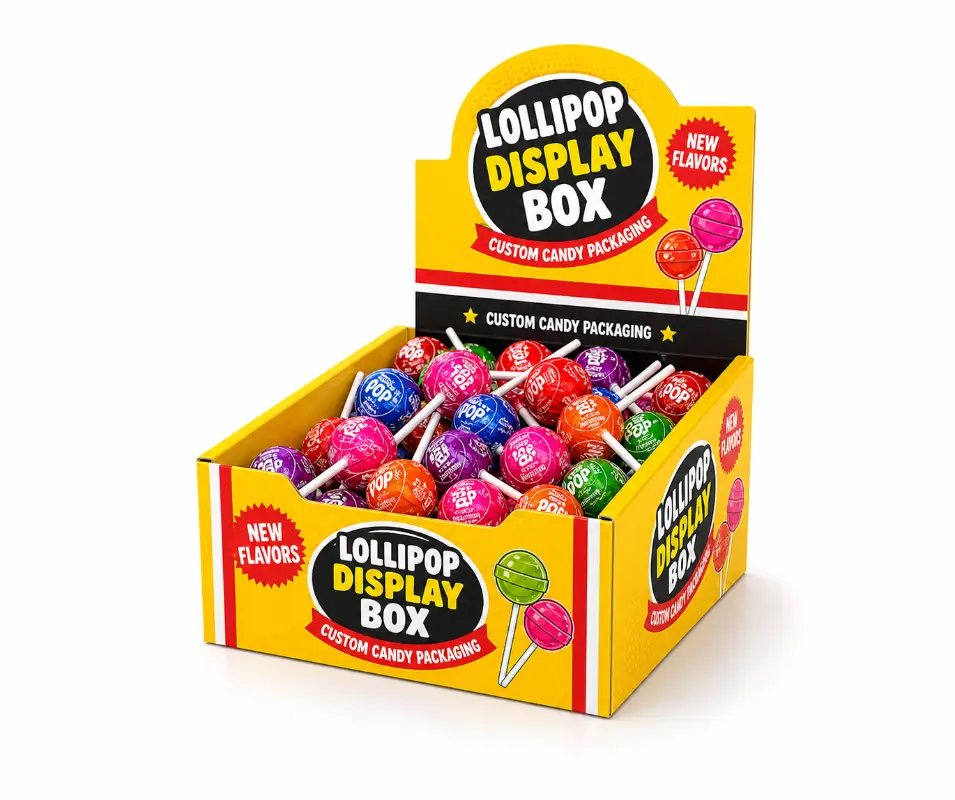 Bright custom lollipop display box filled with assorted wrapped lollipops for retail.