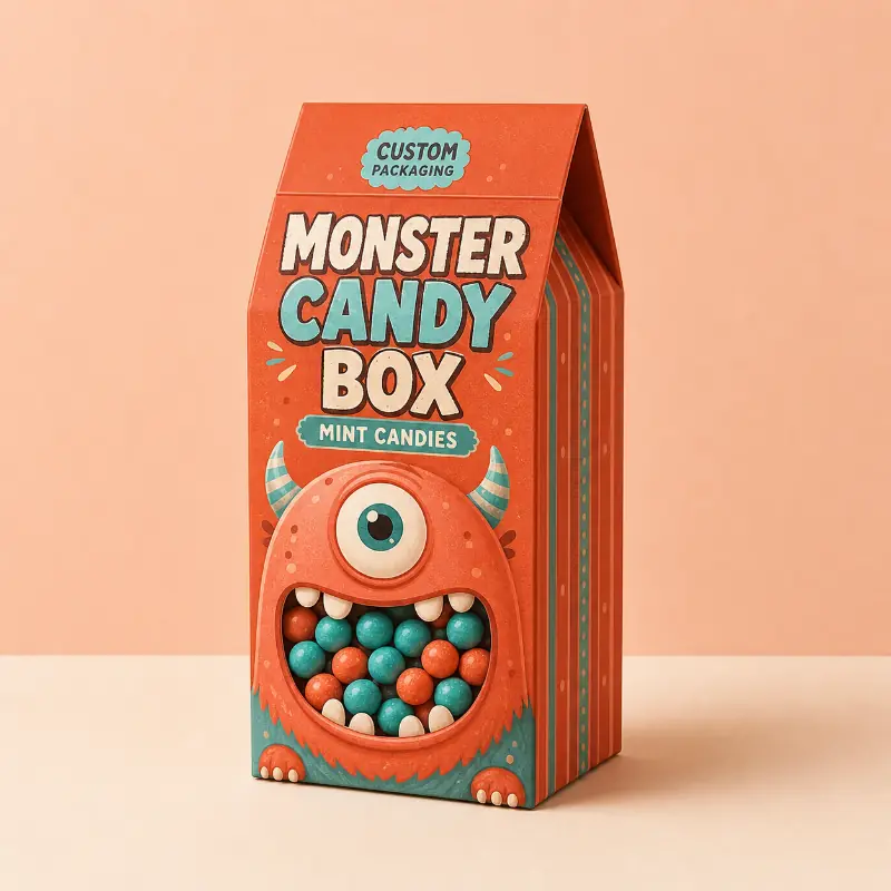 Tall orange custom candy carton with a clear window showing colorful mint candies.