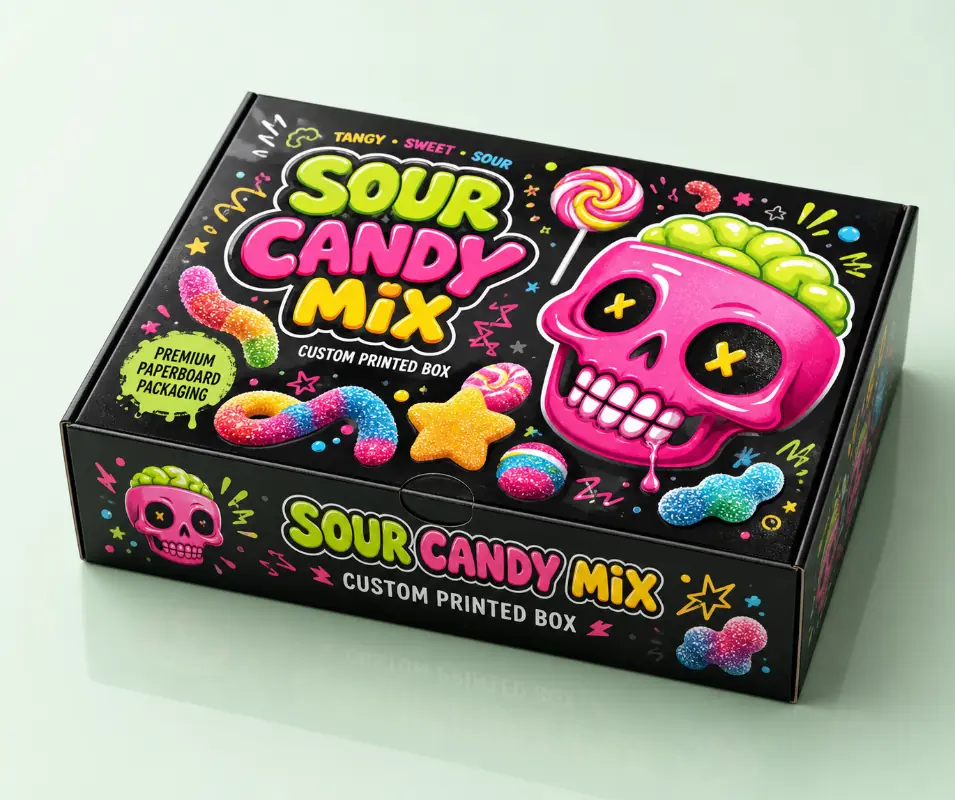 Black custom printed candy box featuring bright sour mix graphics and playful branding.