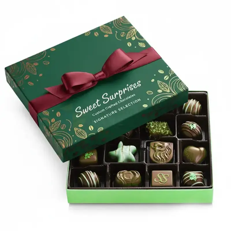 Green custom chocolate gift box with burgundy ribbon and divided confectionery insert.