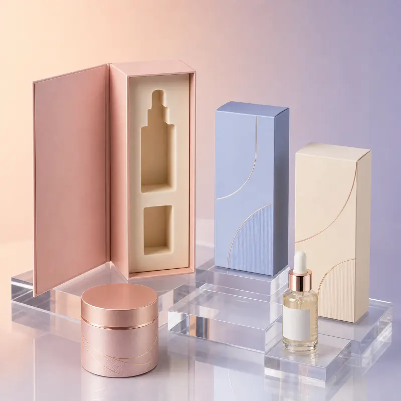 Elegant cosmetic packaging boxes in pink, blue, and ivory for bottles, jars, and serums.