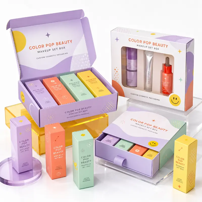 Colorful custom cosmetic packaging collection with cartons, mailers, and skincare gift boxes.