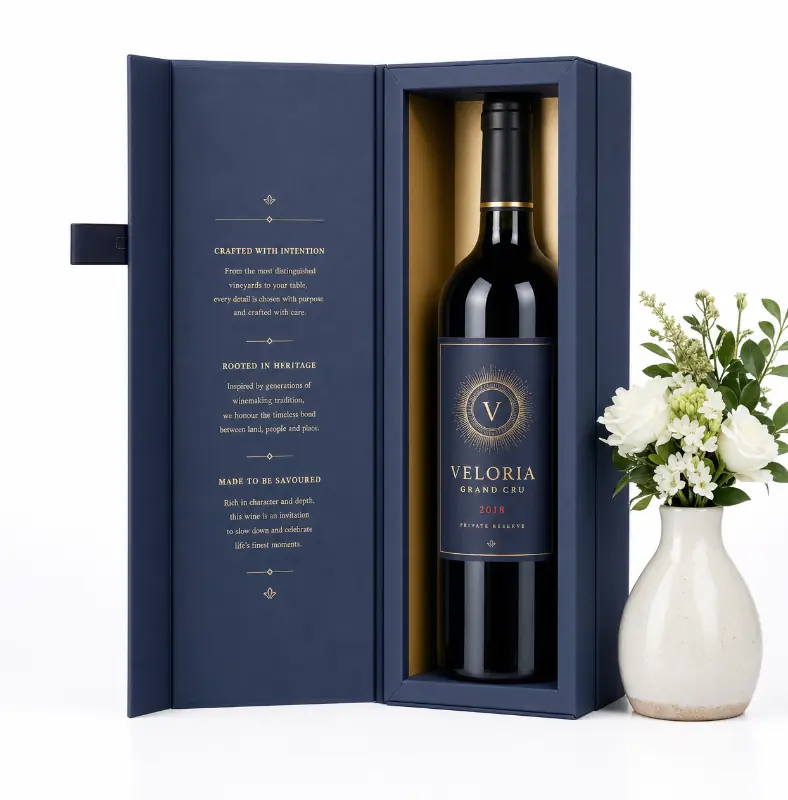 Navy custom wine gift box with a fitted bottle insert and printed interior message.