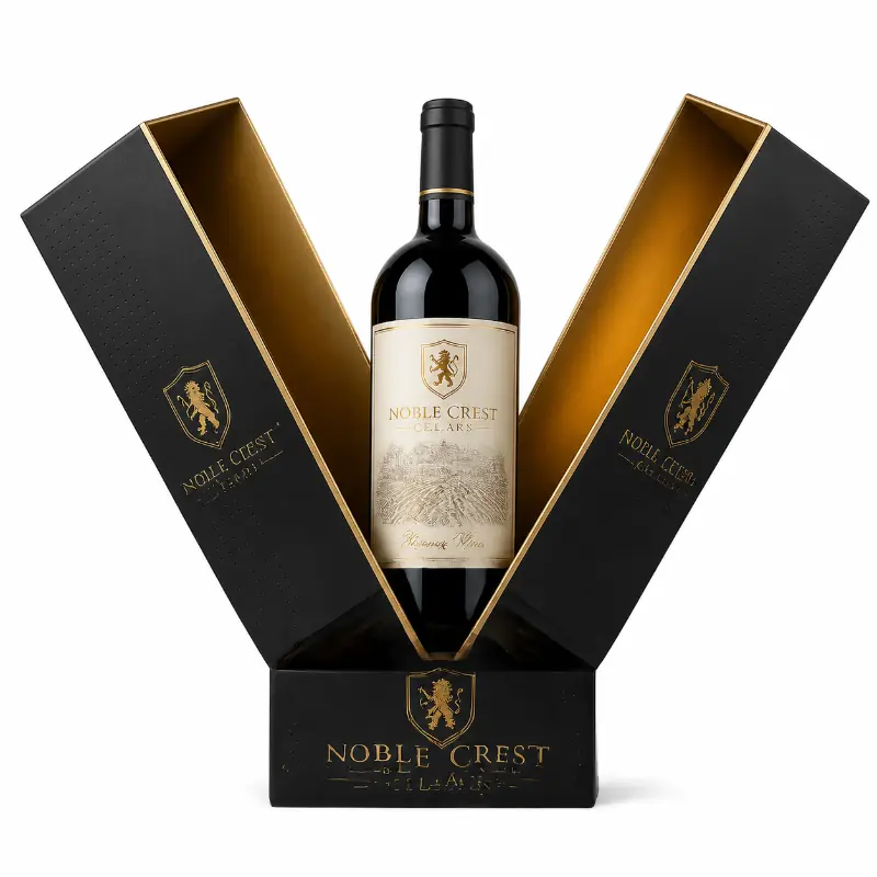 Black and gold custom wine packaging box opening around a single premium bottle.