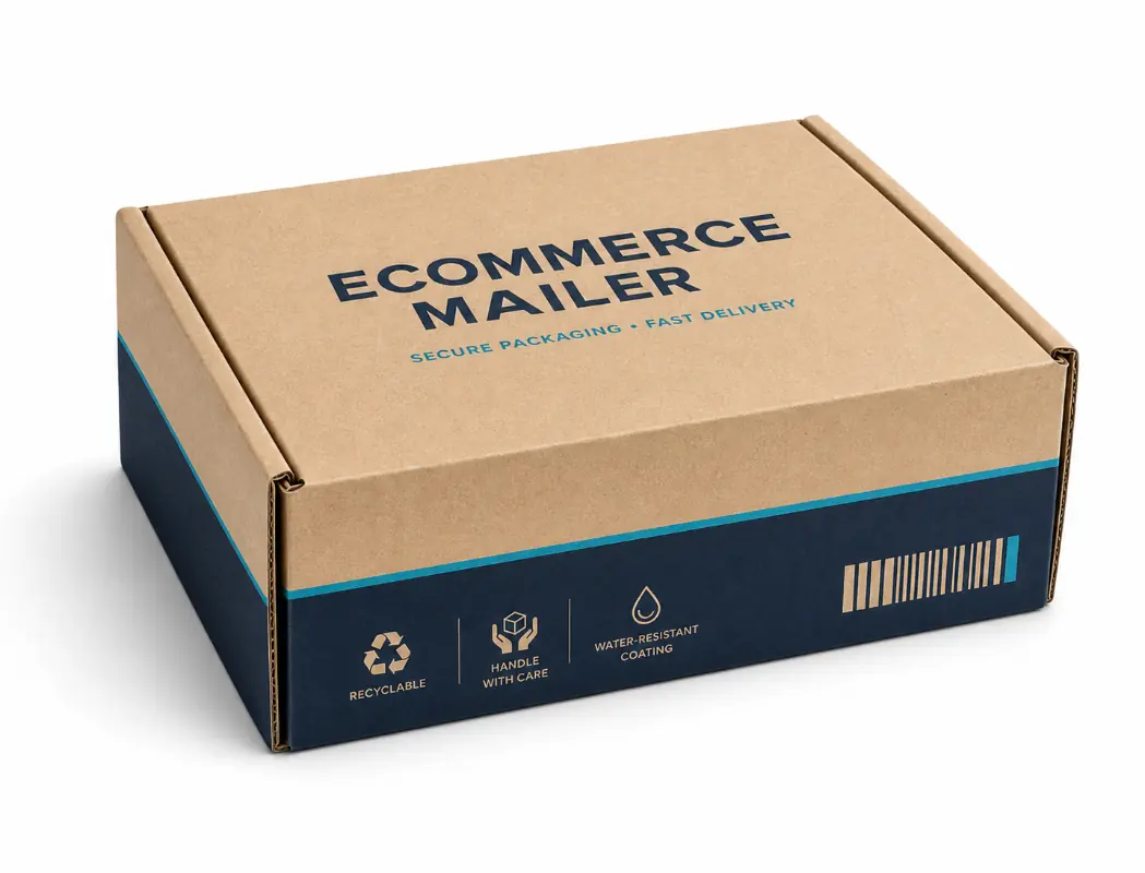 Custom printed ecommerce mailer box with sustainability icons and secure roll-end closure.