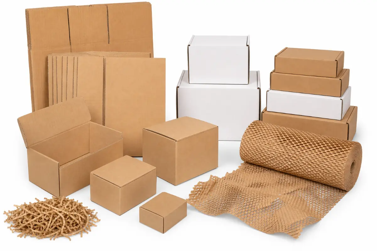 Eco-friendly ecommerce packaging collection with cartons, mailers, void fill, and paper wrap.