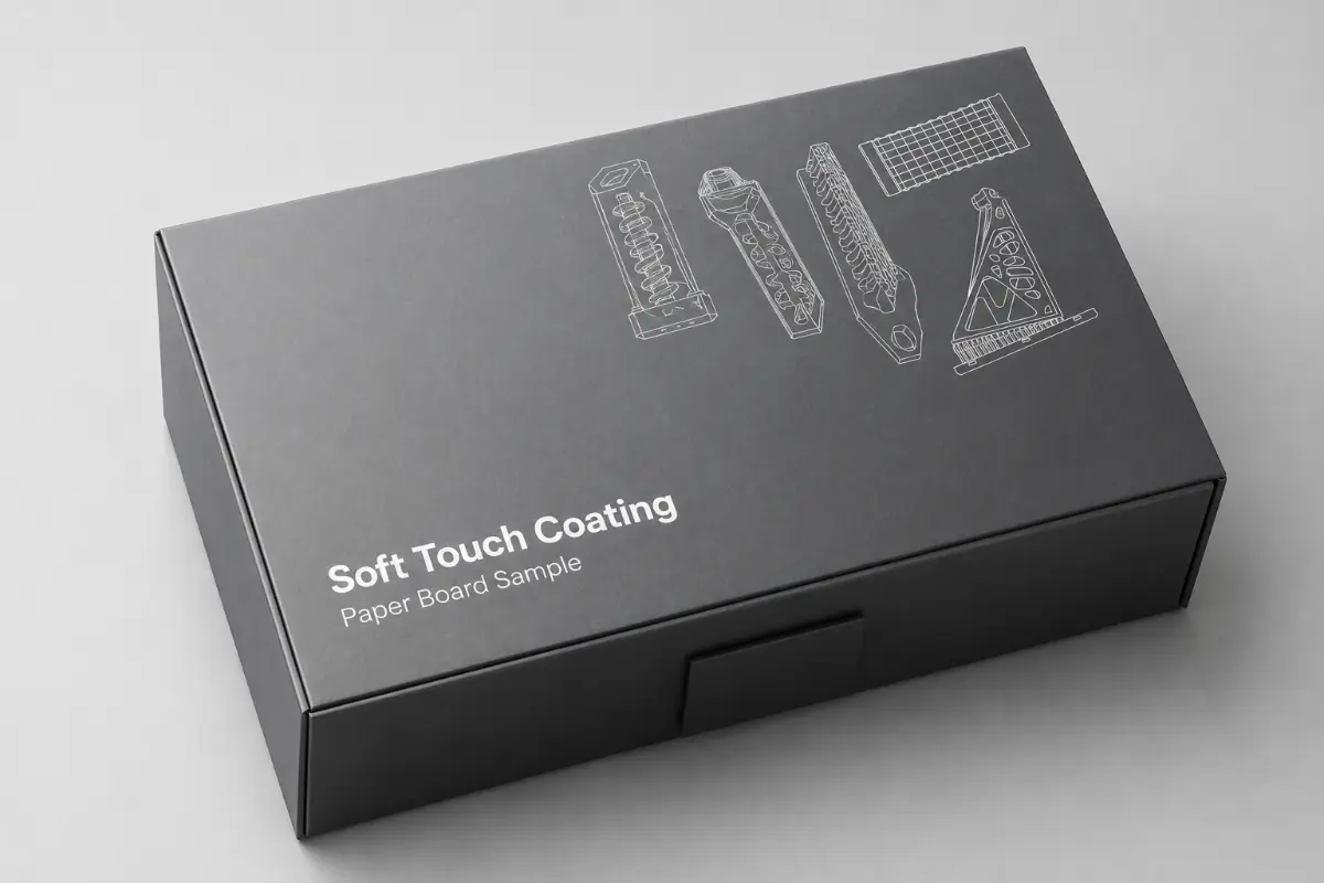 Matte black paper box sample with soft-touch coating and subtle silver graphics.