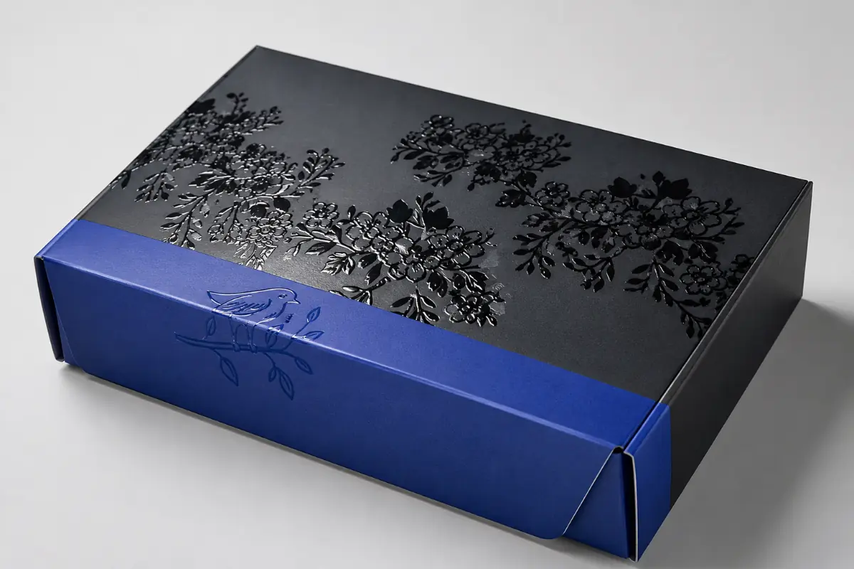 Blue and black rigid box with raised spot gloss UV floral details for premium contrast.