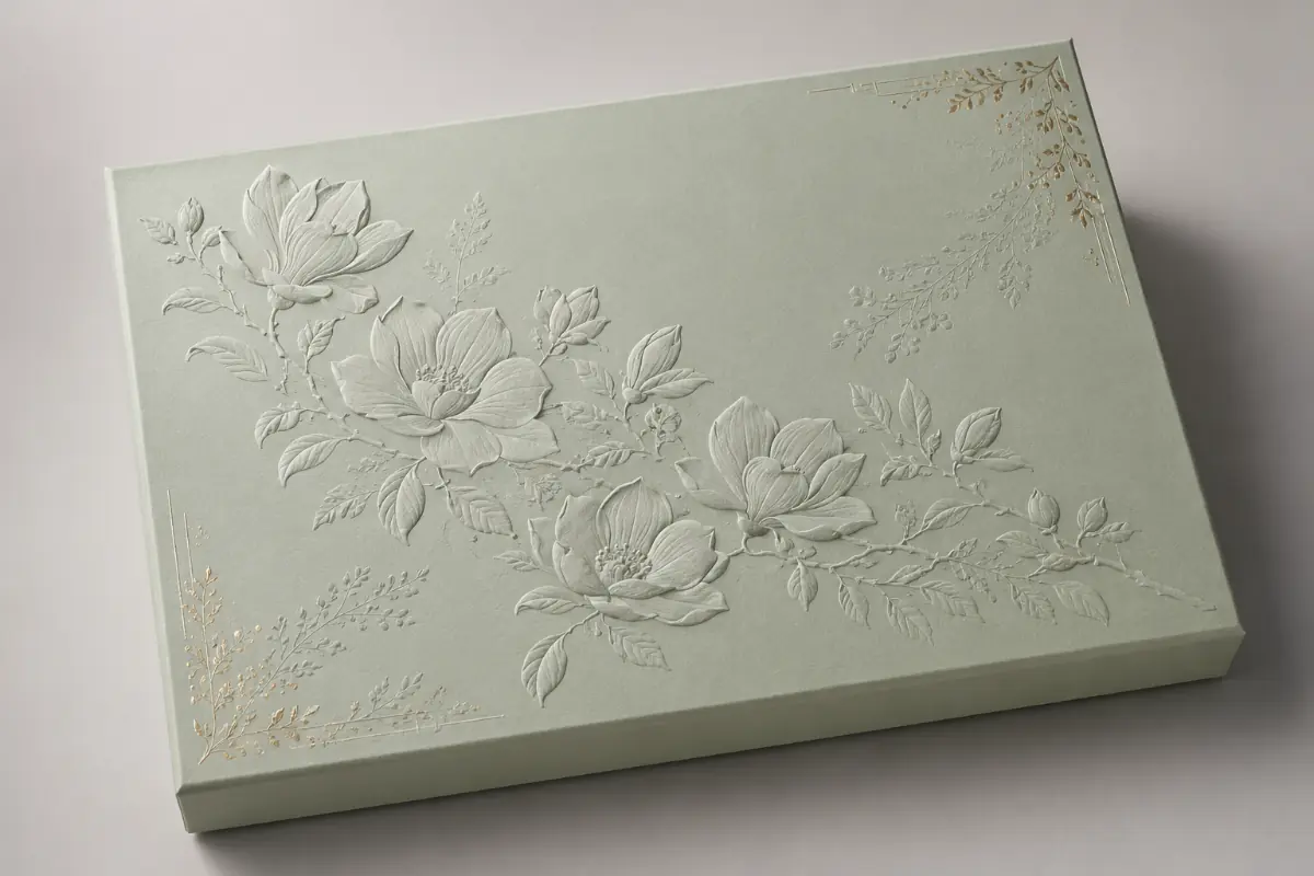 White paper packaging box with elegant blind embossed flowers and no added ink or foil.