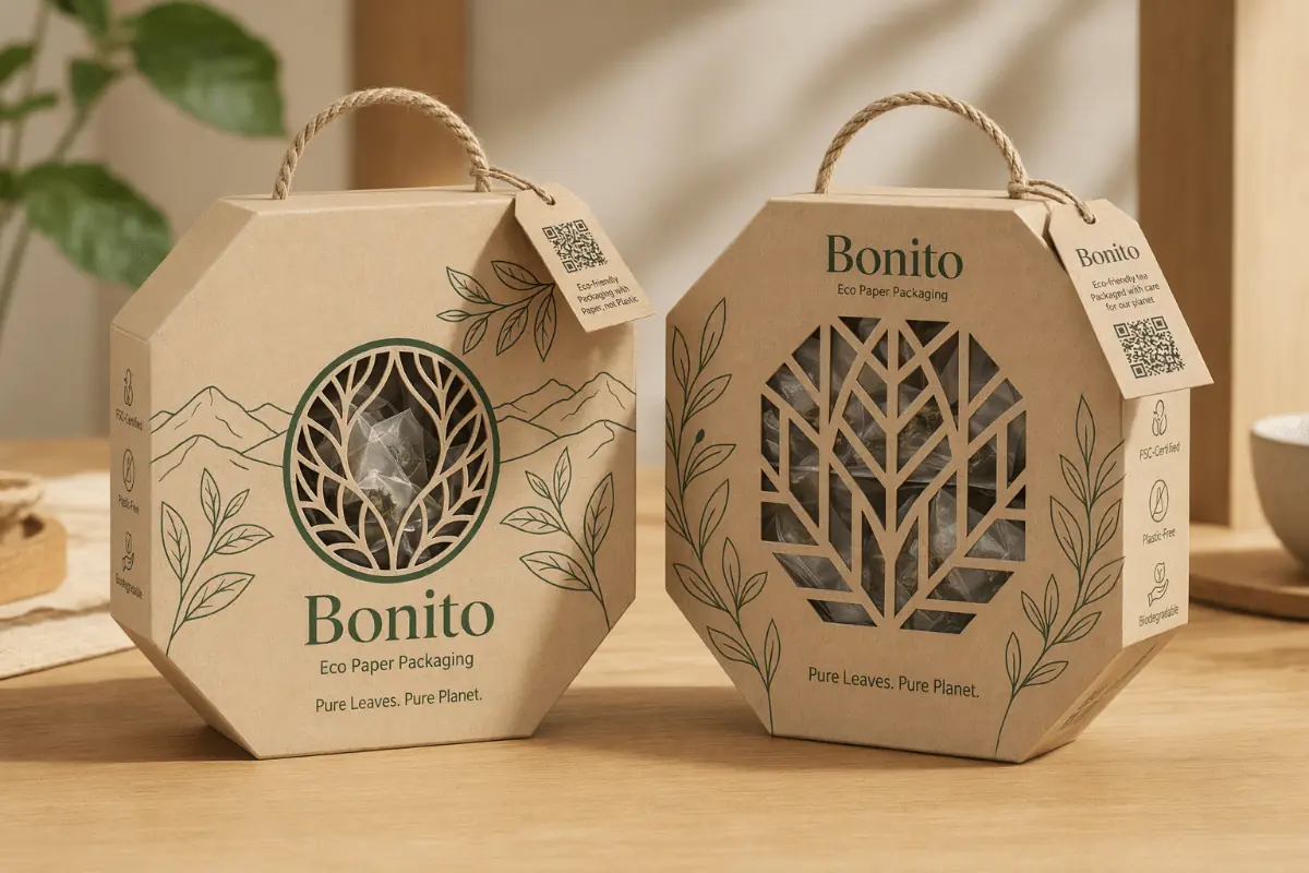 Sustainable Bonito paper boxes with botanical cutouts representing an eco-conscious packaging vision.