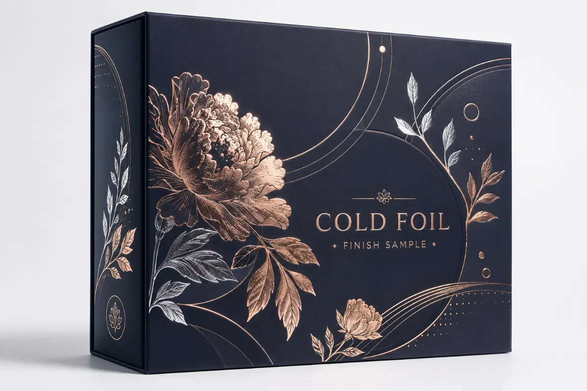 Navy floral packaging box with reflective rose-gold cold foil printing and fine line accents.