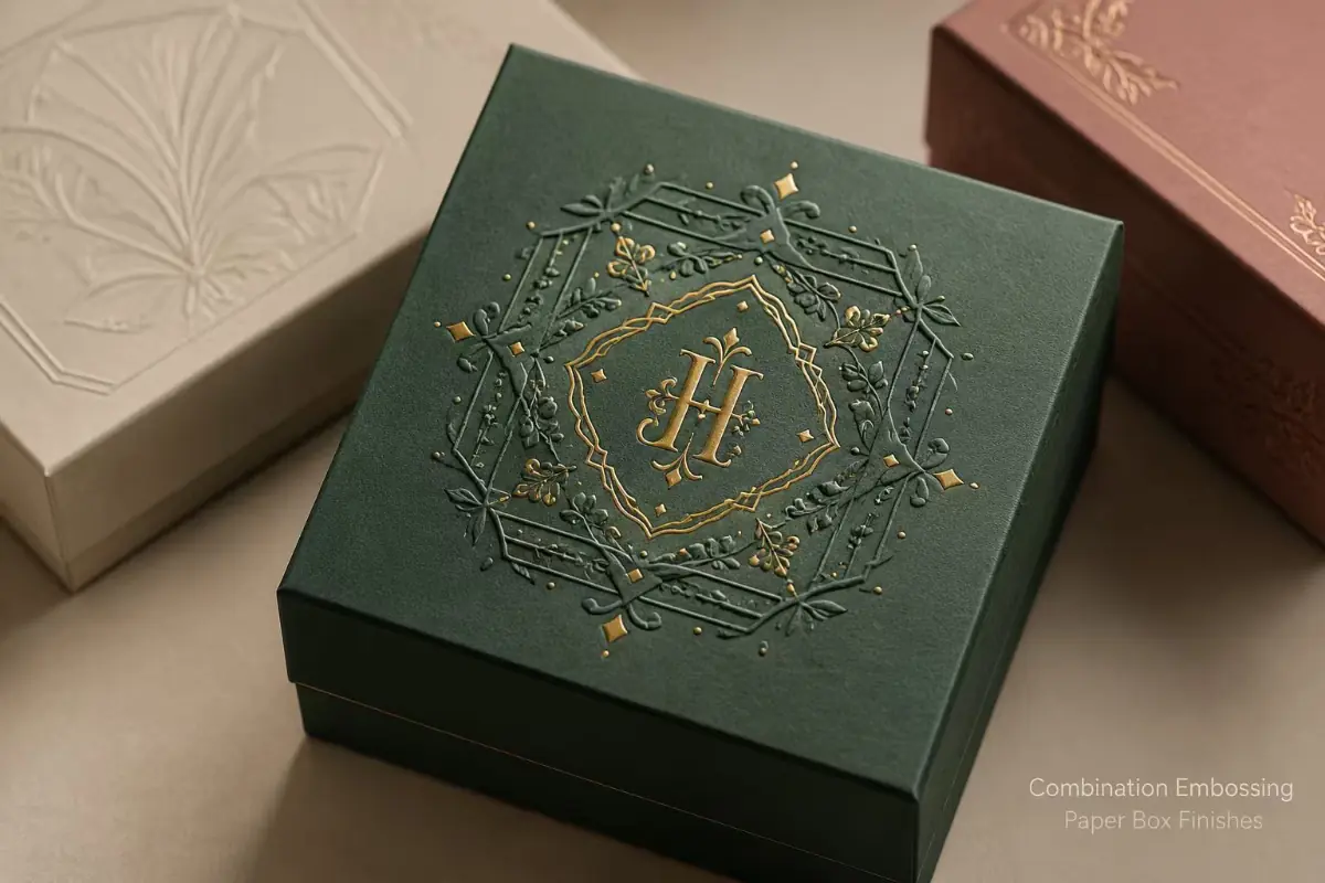 Luxury rigid boxes with combination embossing, metallic foil, and raised decorative patterns.