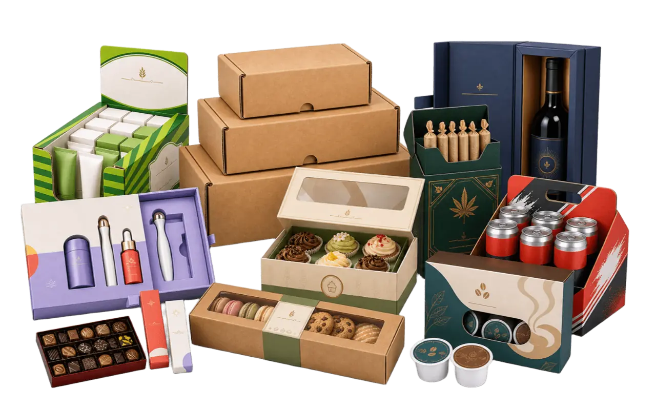 Custom packaging box collection for cosmetics, food, beverages, cannabis, gifts, and ecommerce.