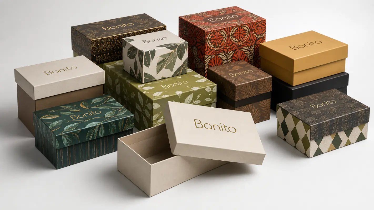Collection of custom shoe boxes with premium printed patterns, rigid lids, and branded finishes.