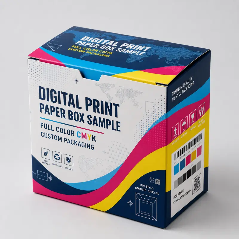 Full-color digital print paper packaging sample with vivid CMYK graphics and custom branding.