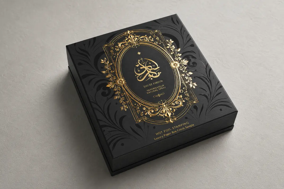 Luxury black rigid box with ornate gold hot foil stamping and embossed decorative details.