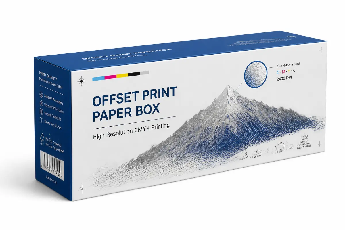 Offset printed paper packaging box demonstrating high-resolution CMYK graphics and fine detail.
