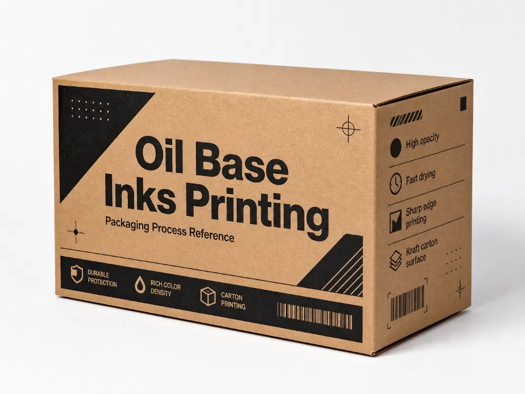 Kraft packaging print sample demonstrating bold black graphics made with oil-based inks.