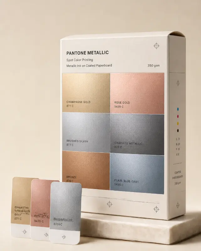 Luxury Pantone metallic packaging samples showing coordinated shimmering color finishes.