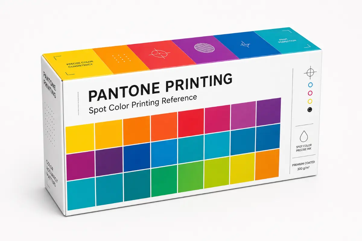 Pantone printing packaging sample with a bright spot-color reference grid for brand matching.