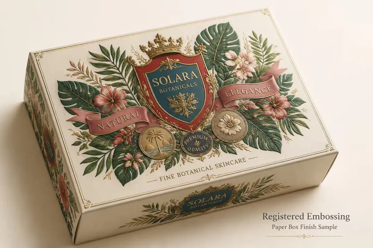 Botanical paper box using registered embossing to align raised details with printed artwork.