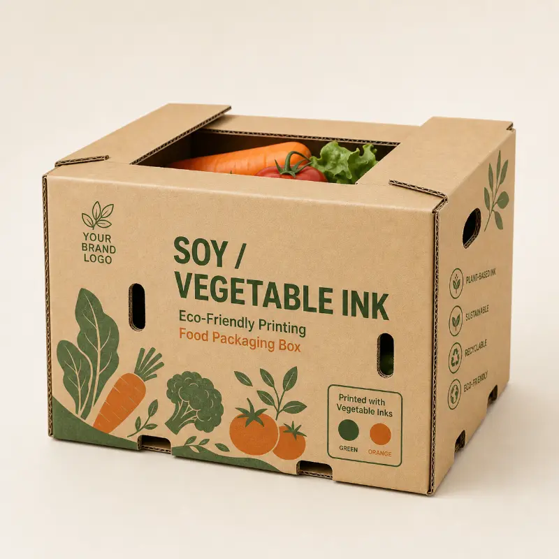 Sustainable corrugated produce box printed with soy and vegetable-based inks.