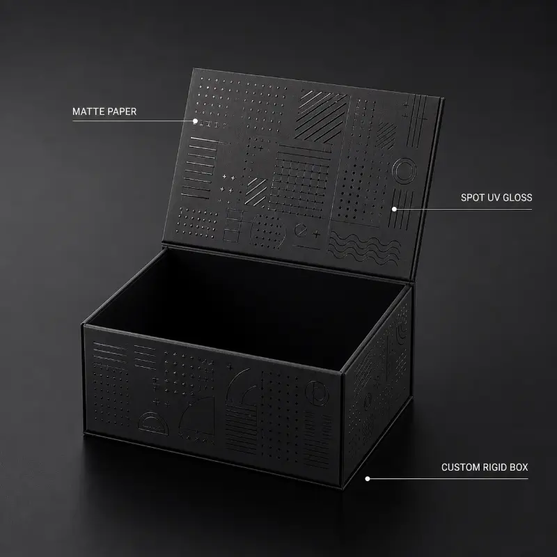 Matte black rigid paper box with UV printed details for sharp, durable premium packaging.
