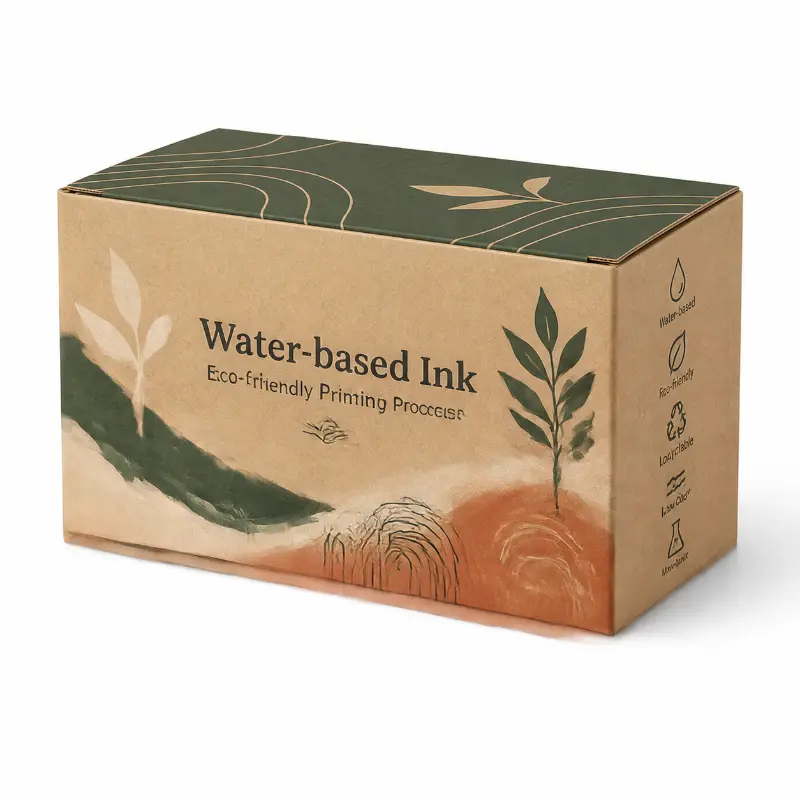 Eco-friendly kraft packaging box printed with water-based inks and natural botanical graphics.