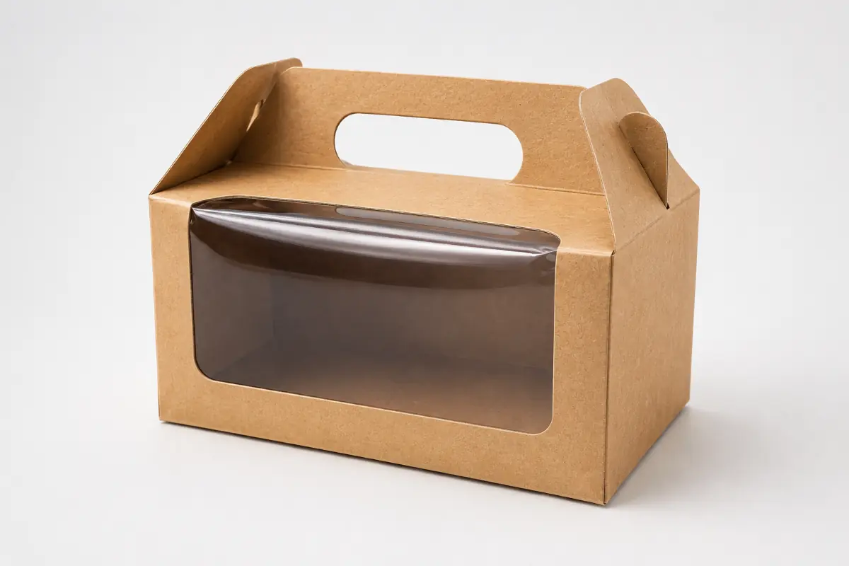 Kraft bakery carry box with clear window patching for protected product visibility.